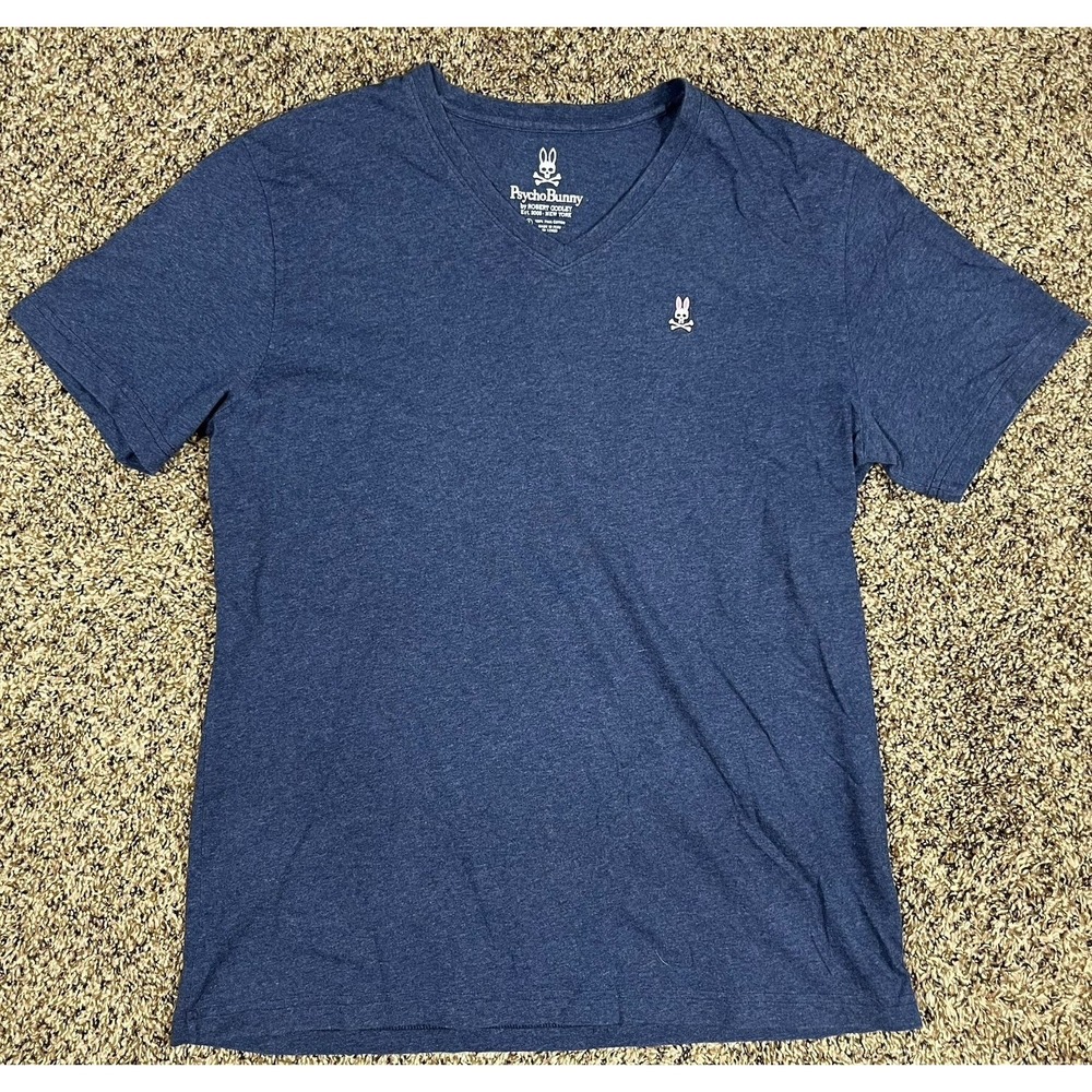 Psycho Bunny V Neck T-Shirt Mens Size 6 Large Blue Embroidered Logo‎ Pima Cotton